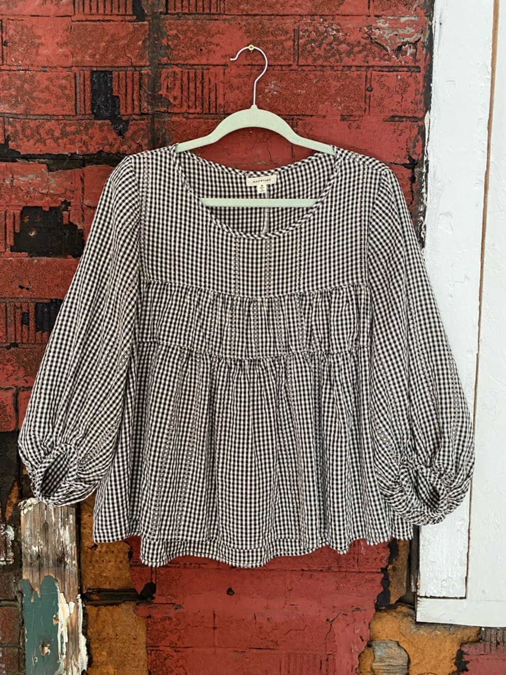 Gingham Peasant Blouse - Black/White - Great for Maternity Wear